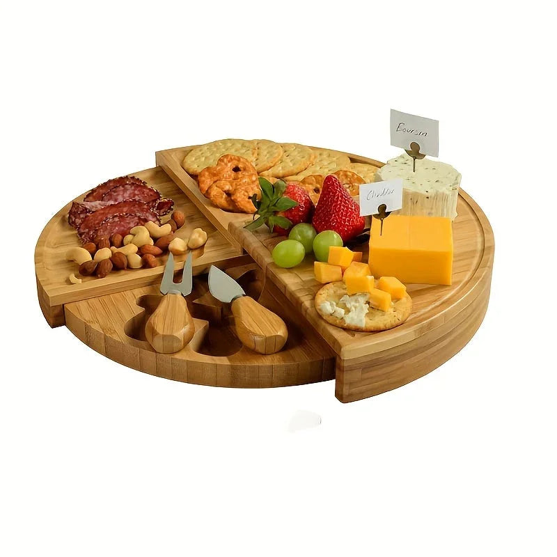 1 Set Bamboo Cheese Board with Serving Knives - Multipurpose Snack and Charcuterie Platter, Food-Safe and Durable, Ideal for Fruits, Nuts, and Appetizers, ZGO House Of Avana
