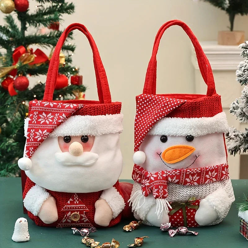 1 Set Christmas Themed Fabric Gift Bags with Cartoon Designs - Santa, Snowman, Reindeer - Holiday Candy and Apple Tote with Flap Lid for Festive Party Decor, Perfect Christmas Gift Bags, Polyester Fiber, No Feathers, Battery- House Of Avana