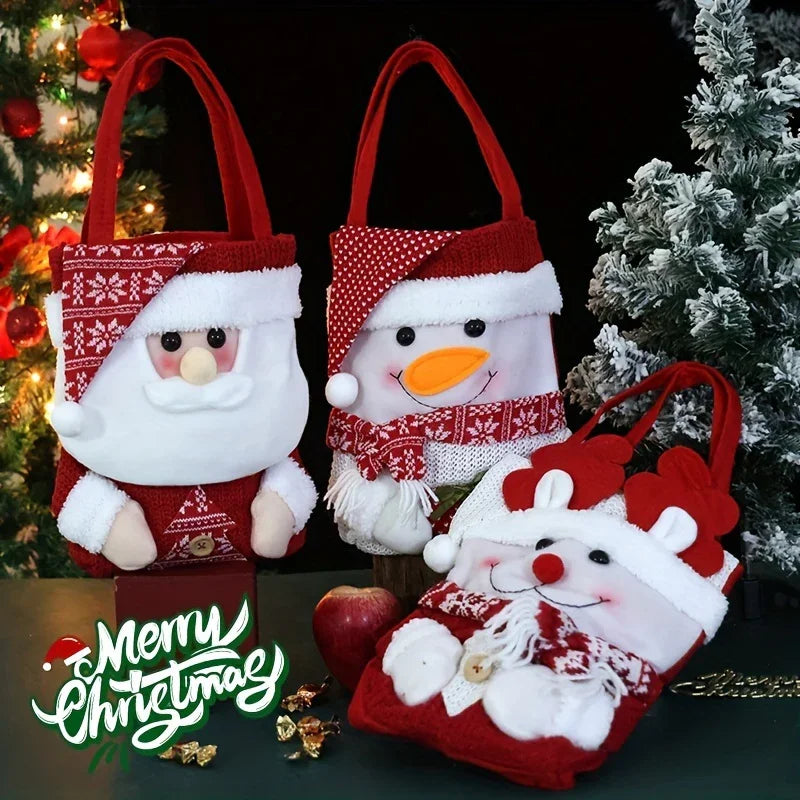 1 Set Christmas Themed Fabric Gift Bags with Cartoon Designs - Santa, Snowman, Reindeer - Holiday Candy and Apple Tote with Flap Lid for Festive Party Decor, Perfect Christmas Gift Bags, Polyester Fiber, No Feathers, Battery- House Of Avana