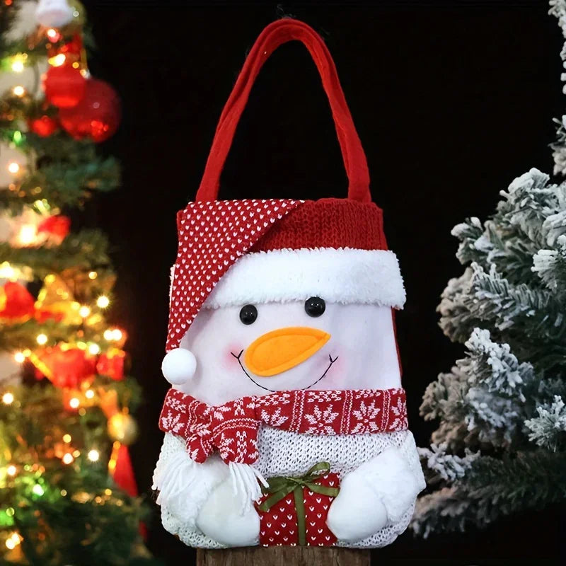 1 Set Christmas Themed Fabric Gift Bags with Cartoon Designs - Santa, Snowman, Reindeer - Holiday Candy and Apple Tote with Flap Lid for Festive Party Decor, Perfect Christmas Gift Bags, Polyester Fiber, No Feathers, Battery- House Of Avana