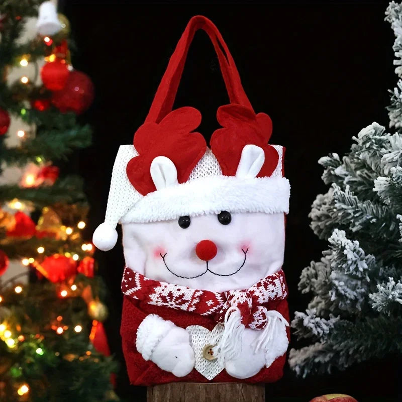1 Set Christmas Themed Fabric Gift Bags with Cartoon Designs - Santa, Snowman, Reindeer - Holiday Candy and Apple Tote with Flap Lid for Festive Party Decor, Perfect Christmas Gift Bags, Polyester Fiber, No Feathers, Battery- House Of Avana