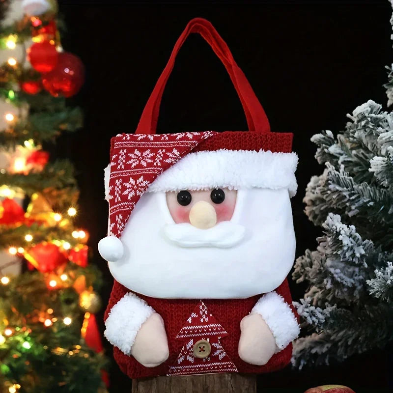 1 Set Christmas Themed Fabric Gift Bags with Cartoon Designs - Santa, Snowman, Reindeer - Holiday Candy and Apple Tote with Flap Lid for Festive Party Decor, Perfect Christmas Gift Bags, Polyester Fiber, No Feathers, Battery- House Of Avana