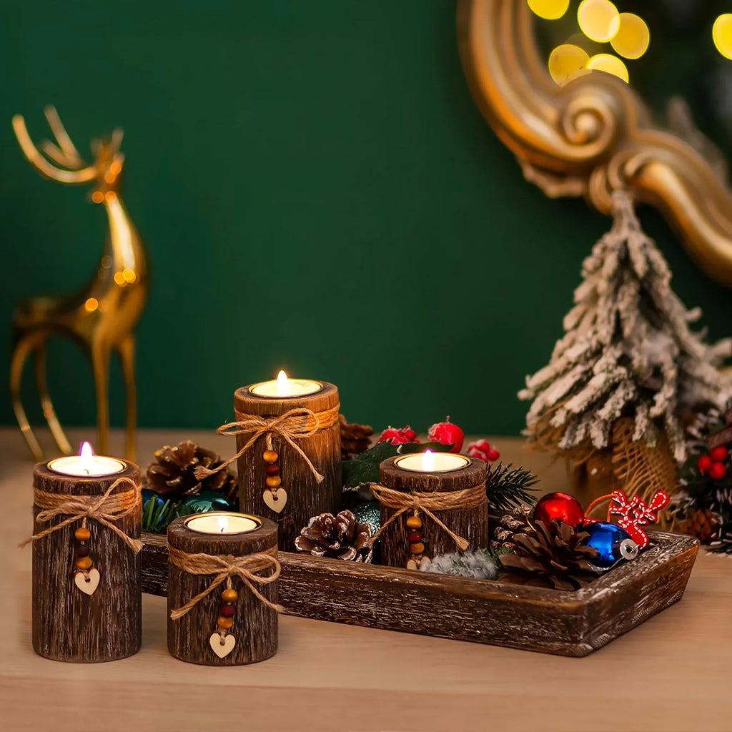 1 Set Farmhouse Boho Paulownia Wood Holder Centerpiece - Large Tray with 4-Tealight Holders, Beaded Accent Table Decor for Coffee Table, Mantle, Weddings, Rustic Bohemian Multi-Functional Decorative Tray ( Fits Flameless, Non House Of Avana