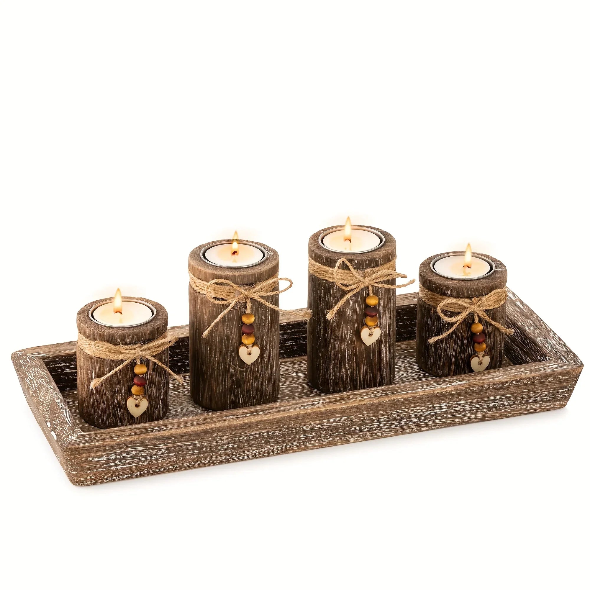 1 Set Farmhouse Boho Paulownia Wood Holder Centerpiece - Large Tray with 4-Tealight Holders, Beaded Accent Table Decor for Coffee Table, Mantle, Weddings, Rustic Bohemian Multi-Functional Decorative Tray ( Fits Flameless, Non House Of Avana
