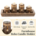 1 Set Farmhouse Boho Paulownia Wood Holder Centerpiece - Large Tray with 4-Tealight Holders, Beaded Accent Table Decor for Coffee Table, Mantle, Weddings, Rustic Bohemian Multi-Functional Decorative Tray ( Fits Flameless, Non House Of Avana
