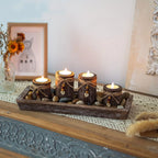 1 Set Farmhouse Boho Paulownia Wood Holder Centerpiece - Large Tray with 4-Tealight Holders, Beaded Accent Table Decor for Coffee Table, Mantle, Weddings, Rustic Bohemian Multi-Functional Decorative Tray ( Fits Flameless, Non House Of Avana