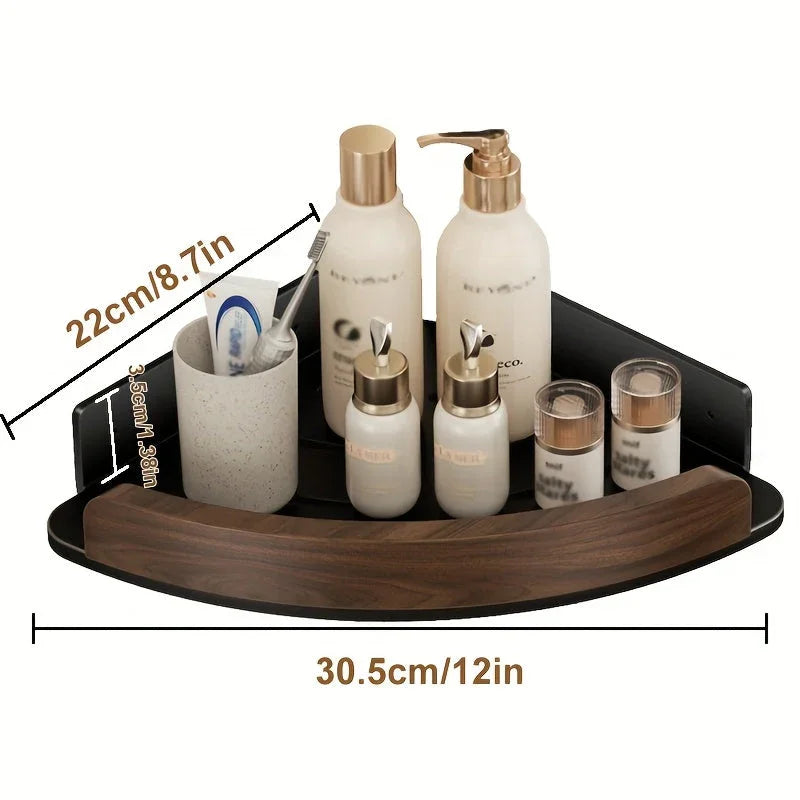 1-Tier No-Drill Wall-Mounted Bathroom Corner Shelf - High-Grade Walnut & Space Aluminum, Strong Load-Bearing Storage Rack for Stylish Organization, Bathroom Organizers And Storage House Of Avana