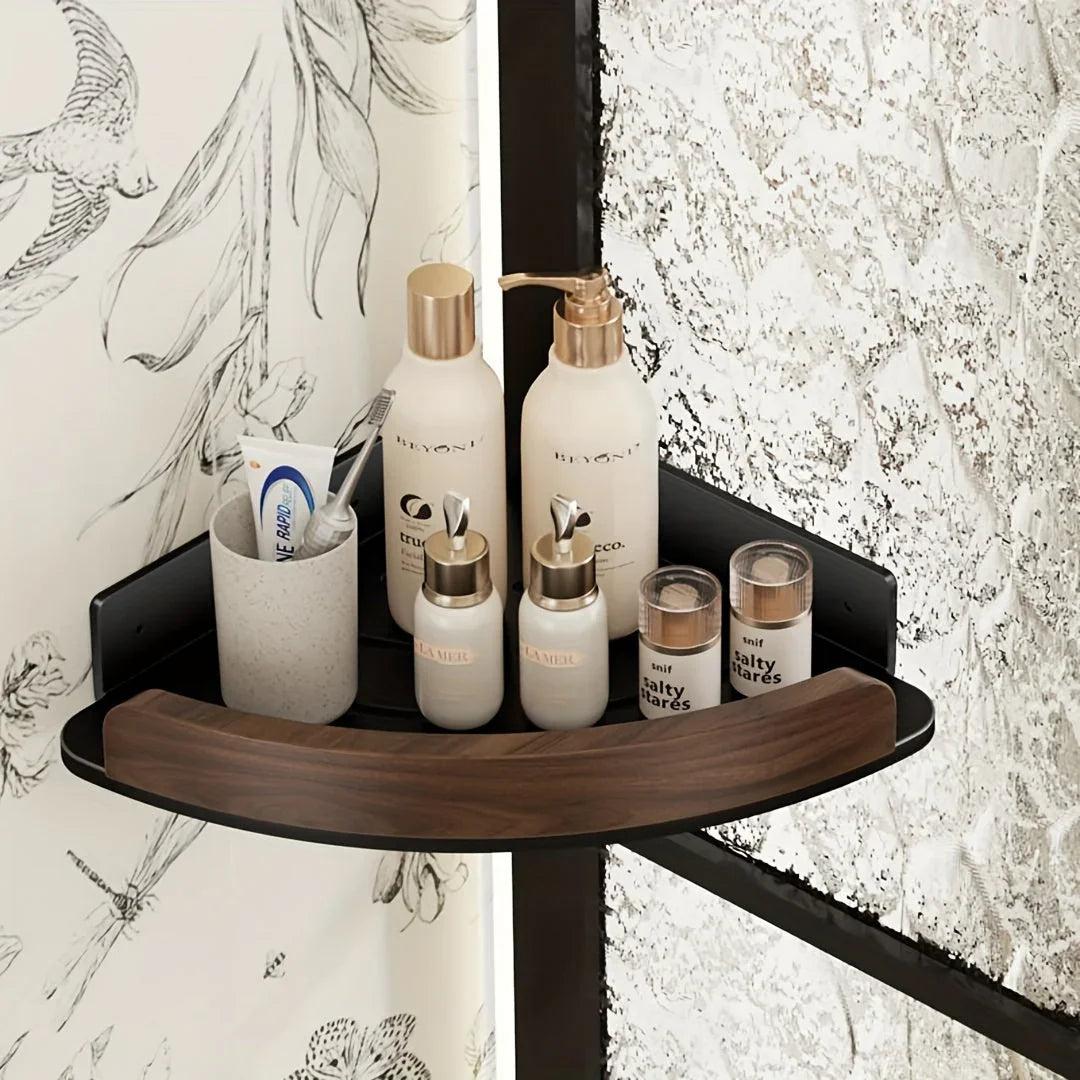 1-Tier No-Drill Wall-Mounted Bathroom Corner Shelf - High-Grade Walnut & Space Aluminum, Strong Load-Bearing Storage Rack for Stylish Organization, Bathroom Organizers And Storage House Of Avana