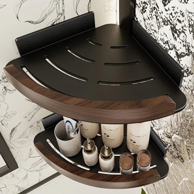 1-Tier No-Drill Wall-Mounted Bathroom Corner Shelf - High-Grade Walnut & Space Aluminum, Strong Load-Bearing Storage Rack for Stylish Organization, Bathroom Organizers And Storage House Of Avana