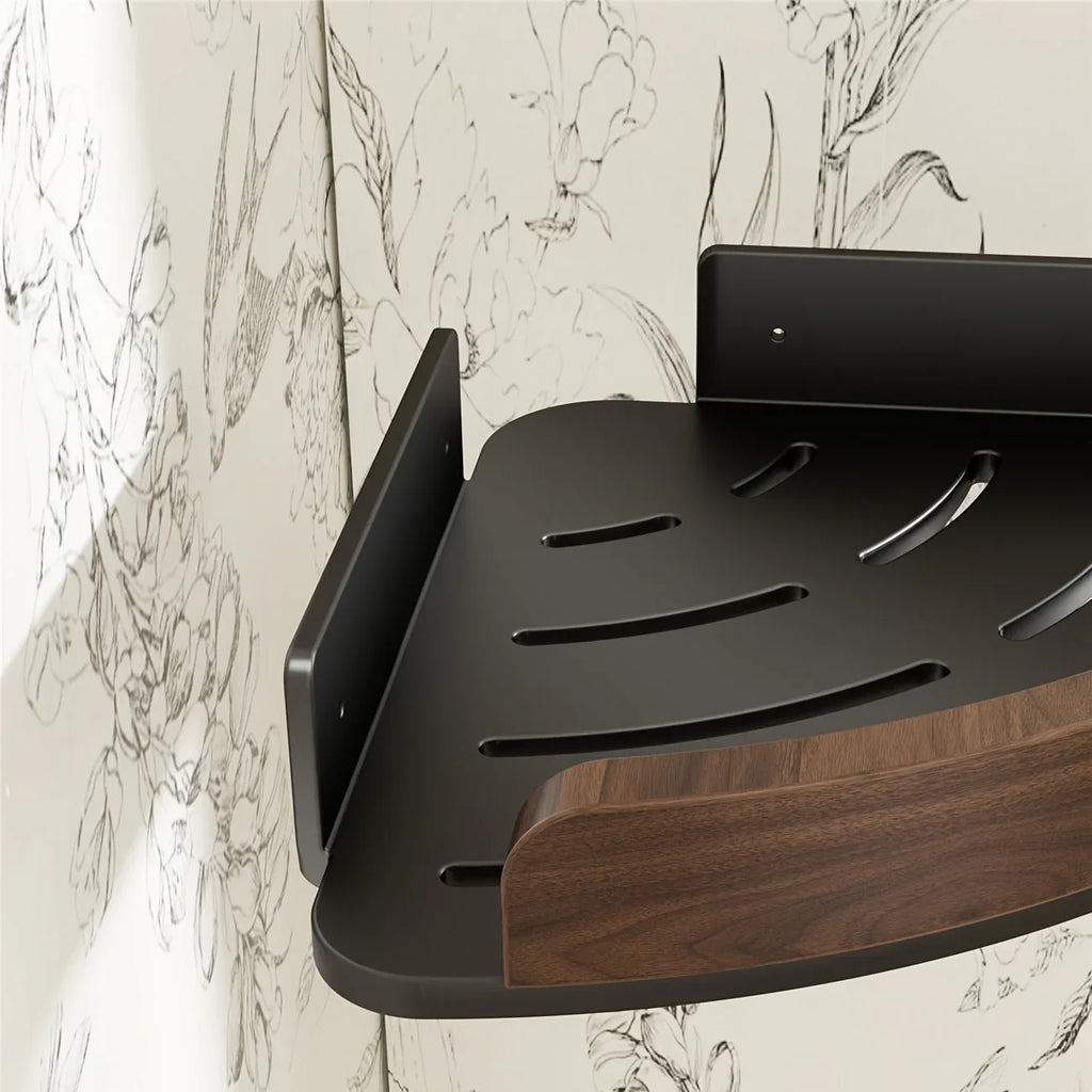 1-Tier No-Drill Wall-Mounted Bathroom Corner Shelf - High-Grade Walnut & Space Aluminum, Strong Load-Bearing Storage Rack for Stylish Organization, Bathroom Organizers And Storage House Of Avana