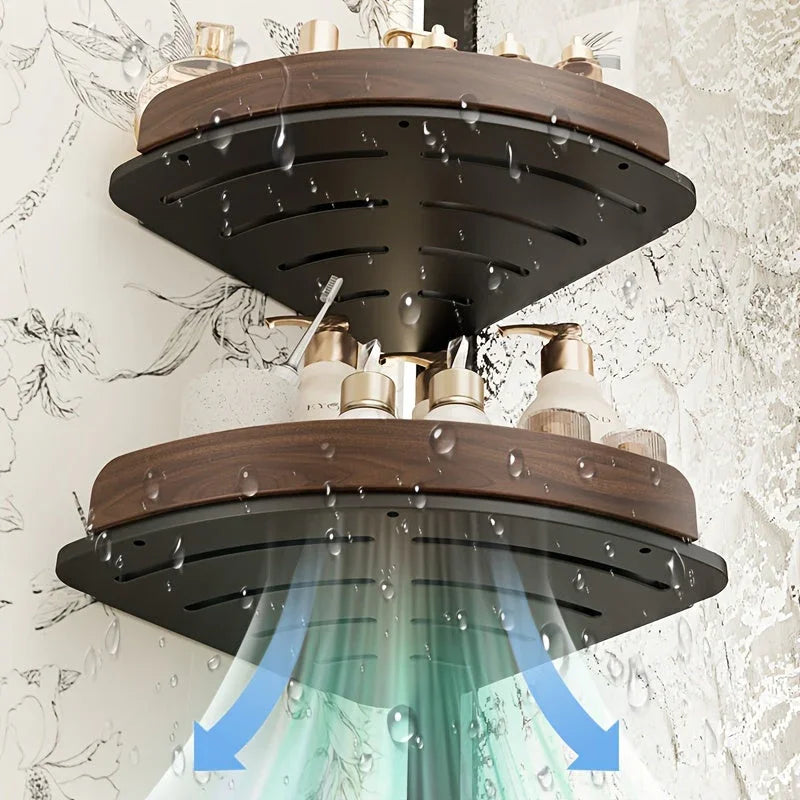 1-Tier No-Drill Wall-Mounted Bathroom Corner Shelf - High-Grade Walnut & Space Aluminum, Strong Load-Bearing Storage Rack for Stylish Organization, Bathroom Organizers And Storage House Of Avana