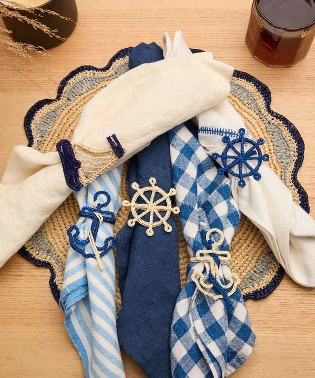 Nautical Anchor Napkin Rings – Coastal Table Decor, Handmade Raffia Napkin Holders, Set of 4 Blue and White Anchor Rings, Ocean Party Decor Payton James