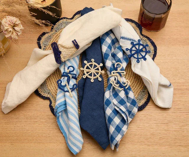 Nautical Anchor Napkin Rings – Coastal Table Decor, Handmade Raffia Napkin Holders, Set of 4 Blue and White Anchor Rings, Ocean Party Decor Payton James
