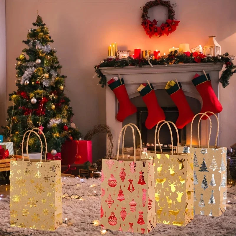 10 Christmas gift bags/hot stamping and hot stamping process/hard kraft paper material/cartoon Christmas tree reindeer snowflake pattern/gift bag holiday party kraft paper gift bags/Christmas party supplies/Christmas/Festive House Of Avana