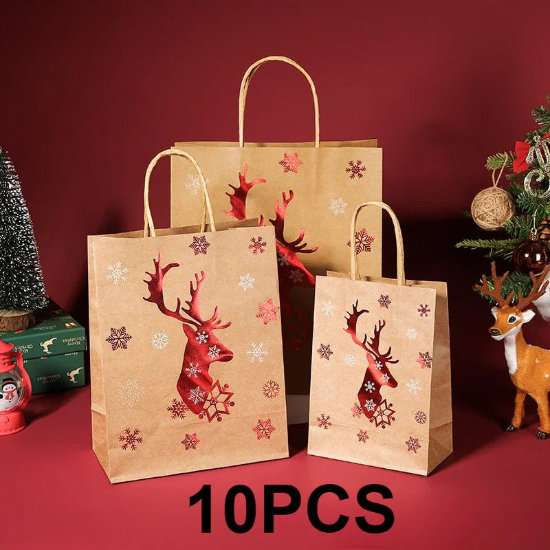10 Christmas gift bags/hot stamping and hot stamping process/hard kraft paper material/cartoon Christmas tree reindeer snowflake pattern/gift bag holiday party kraft paper gift bags/Christmas party supplies/Christmas/Festive House Of Avana
