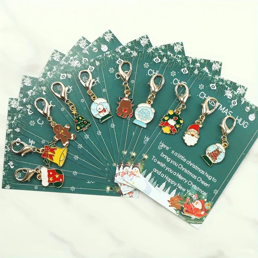 10 Christmas Themed Keychains, with Designs of Santa Claus, Snowman, Gingerbread Man, Bells, Reindeer, Etc., with Christmas Hug Greeting Card Blessings. This Is a Small Christmas Hug, Suitable As a Holiday Gift for Relatives House Of Avana