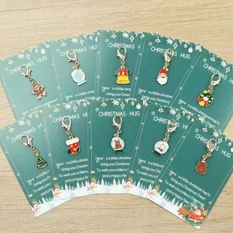 10 Christmas Themed Keychains, with Designs of Santa Claus, Snowman, Gingerbread Man, Bells, Reindeer, Etc., with Christmas Hug Greeting Card Blessings. This Is a Small Christmas Hug, Suitable As a Holiday Gift for Relatives House Of Avana