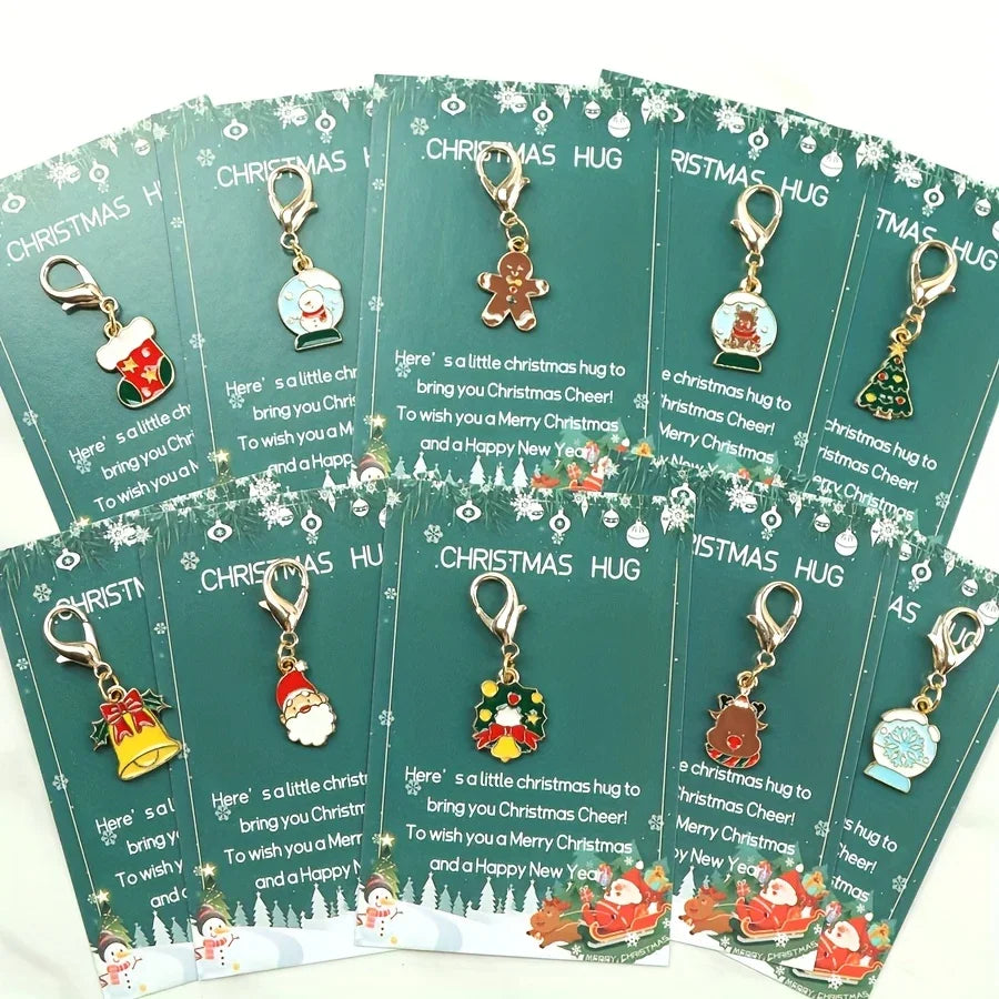 10 Christmas Themed Keychains, with Designs of Santa Claus, Snowman, Gingerbread Man, Bells, Reindeer, Etc., with Christmas Hug Greeting Card Blessings. This Is a Small Christmas Hug, Suitable As a Holiday Gift for Relatives House Of Avana