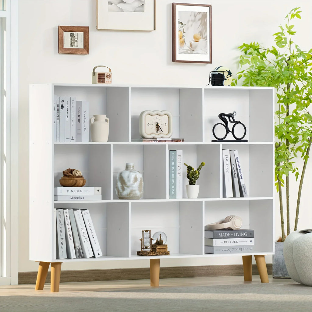 10 Cube Bookshelf, 3 Tier Modern Wide Bookcase With Legs, Mid-Century Wood Bookshelves Storage, White Large Book Case, Freestanding Organizer Display Shelf For Bedroom, Living Room, Office House Of Avana