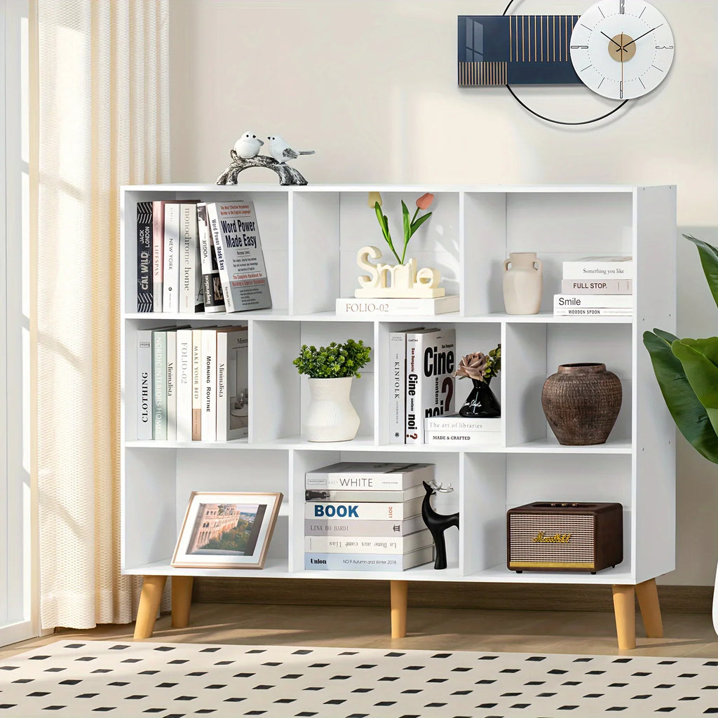 10 Cube Bookshelf, 3 Tier Modern Wide Bookcase With Legs, Mid-Century Wood Bookshelves Storage, White Large Book Case, Freestanding Organizer Display Shelf For Bedroom, Living Room, Office House Of Avana