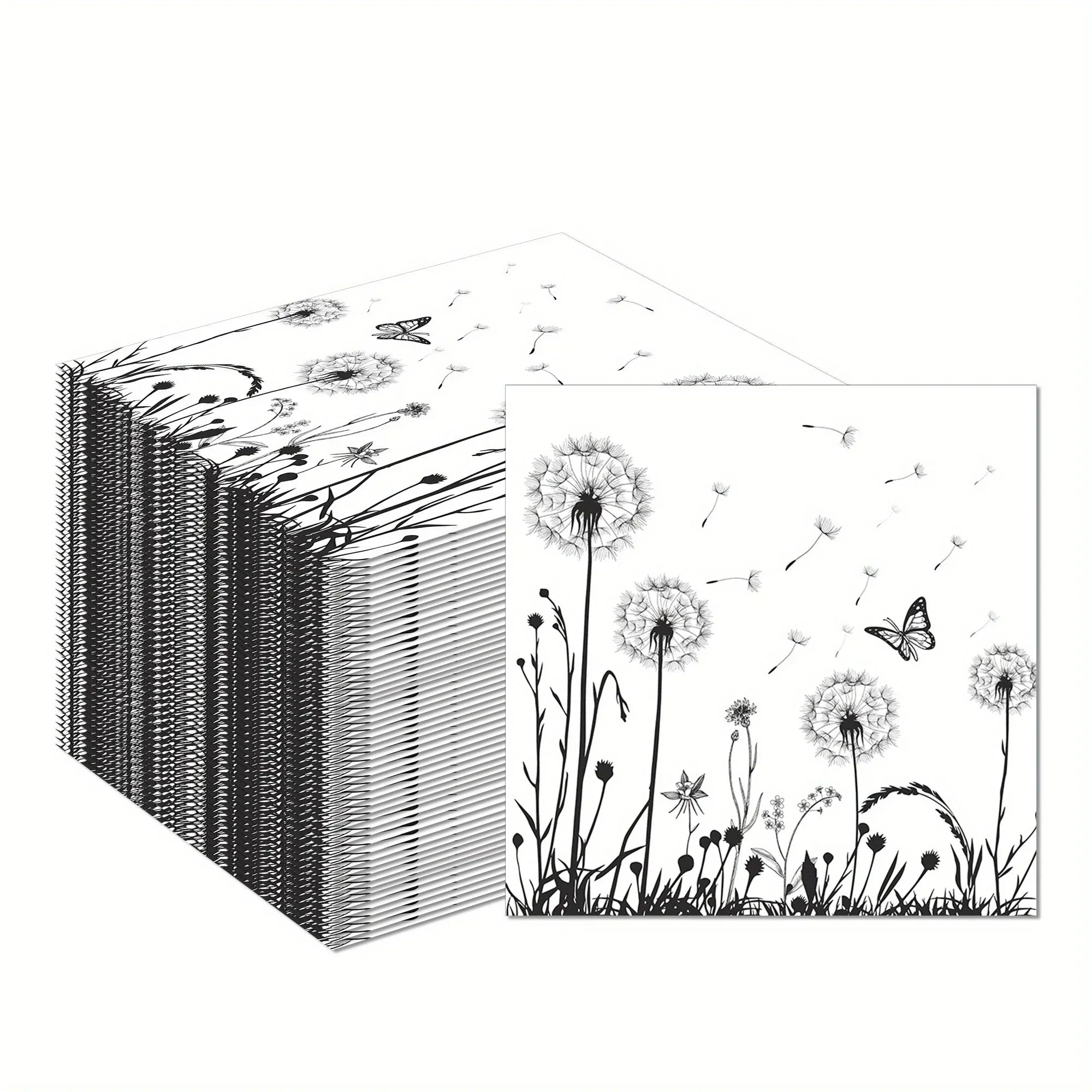 100-Pack White & Black Dandelion Biodegradable Napkins - 6.5"x6.5" - House Of Avana