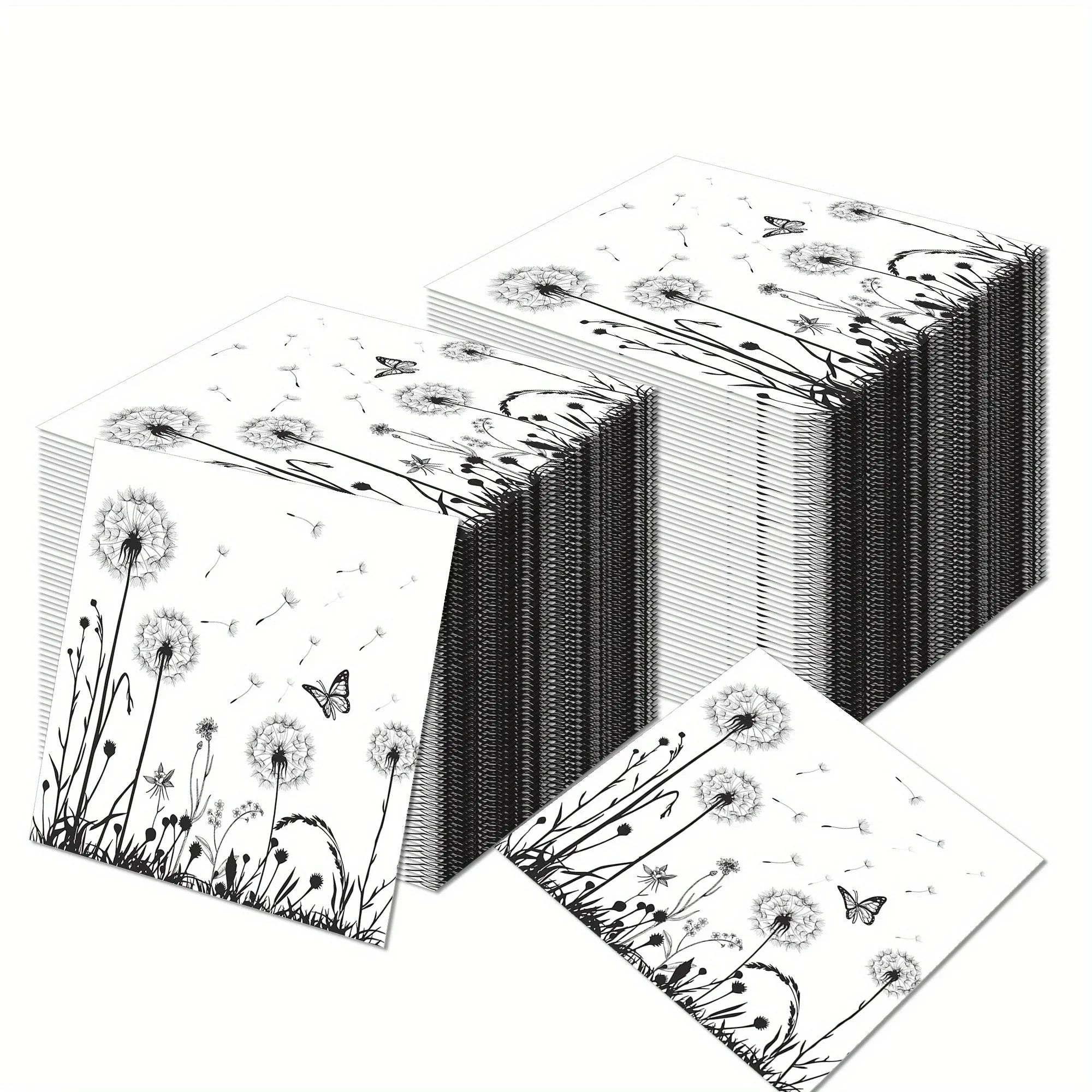 100-Pack White & Black Dandelion Biodegradable Napkins - 6.5"x6.5" - House Of Avana