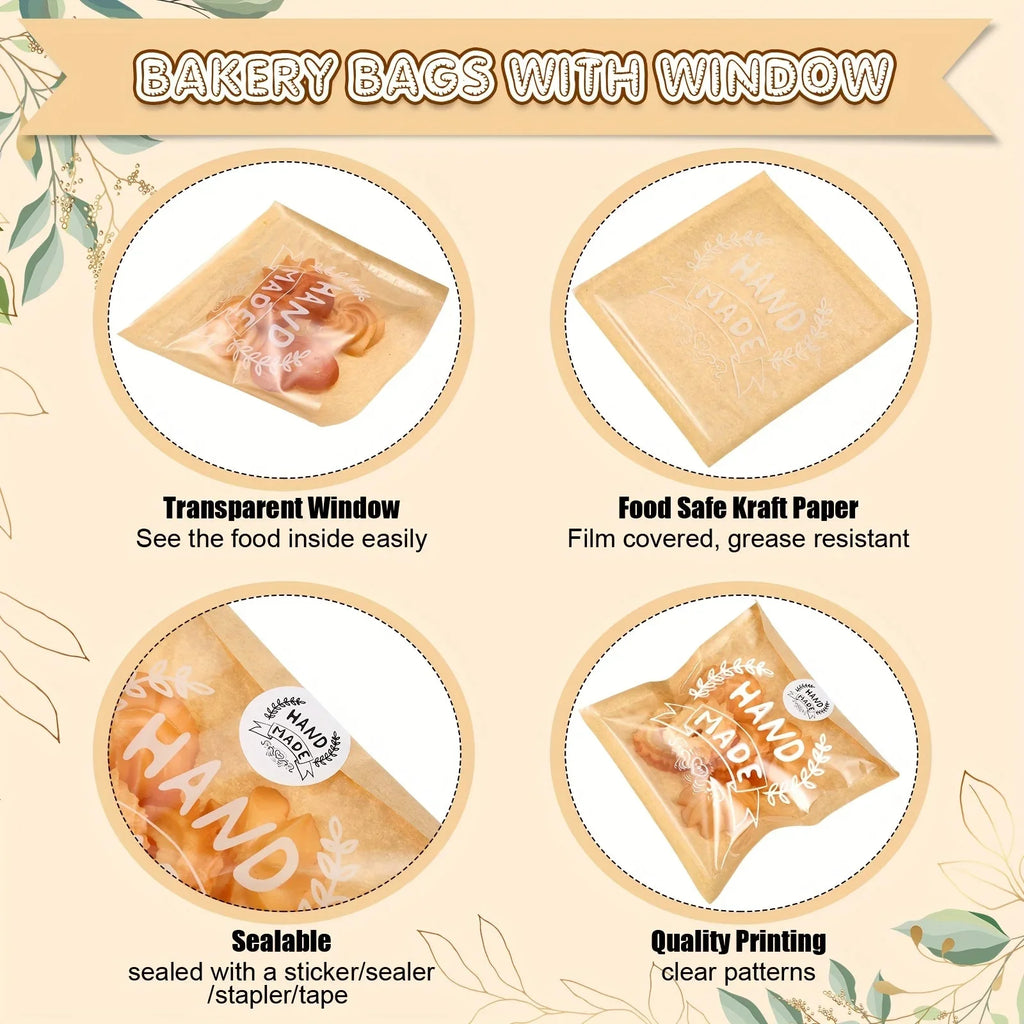 100 Small Kraft Paper Bakery Bags with Clear Window & Handmade Stickers - Brown Treat Bags for Cookies, Chocolates, Donuts, Bread, Sandwiches - Party Favors, Events, Bakeries, Cookie Bags, Event Giveaways, Rustic Packaging, P - House Of Avana