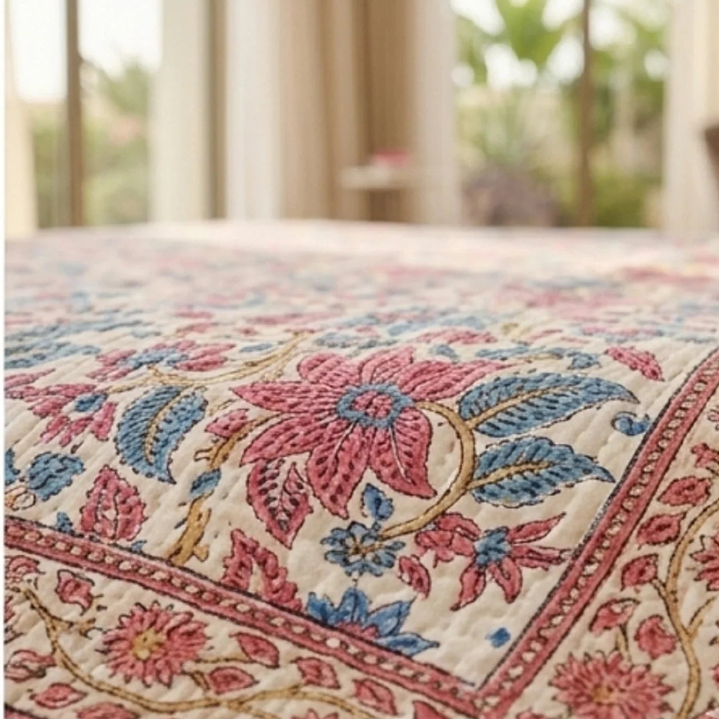 Cream & Rose Pink Dusty Blue Jaipur Indian hand block print floral quilted comforter | Indian handicraft Jaipur hand block print cotton muslin comforter | floral quilted bedspread Sanganer | block print Queen King bedding India | House of Avana