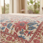 Cream & Rose Pink Dusty Blue Jaipur Indian hand block print floral quilted comforter | Indian handicraft Jaipur hand block print cotton muslin comforter | floral quilted bedspread Sanganer | block print Queen King bedding India | House of Avana [[SKU:HOA-COM-PKDB-004]]
