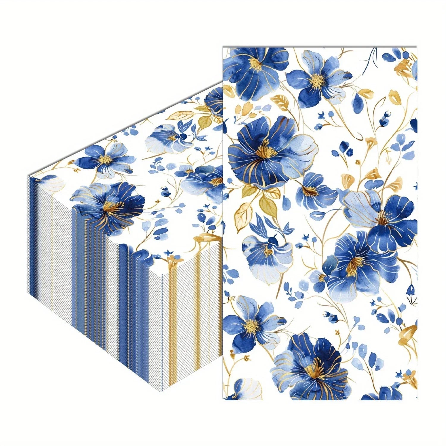 100pcs Blue & White Floral Napkins with Golden Accents - Disposable High-Quality Paper Hand Towels for Weddings, Showers, Picnics, Home Kitchen & Holiday Parties - House Of Avana