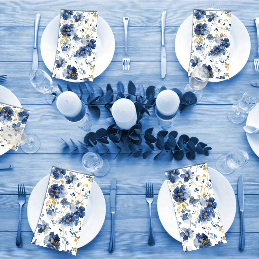 100pcs Blue & White Floral Napkins with Golden Accents - Disposable High-Quality Paper Hand Towels for Weddings, Showers, Picnics, Home Kitchen & Holiday Parties - House Of Avana