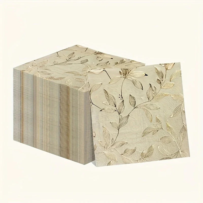 100pcs Elegant Golden Leaf Stamped Disposable Napkins Luxurious Hot Stamping 3-layer Napkins, 13x13 Inches - Wedding, Birthday, Garden, Party Decoration Napkins, Used For Restaurant, Kitchen, Coffee Shop Decoration Supplies - House Of Avana