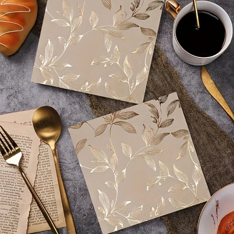 100pcs Elegant Golden Leaf Stamped Disposable Napkins Luxurious Hot Stamping 3-layer Napkins, 13x13 Inches - Wedding, Birthday, Garden, Party Decoration Napkins, Used For Restaurant, Kitchen, Coffee Shop Decoration Supplies - House Of Avana