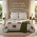 Cream & Grey Elephant Jaipur Indian hand block print elephant quilted comforter | Jaipur Indian hand block print cotton muslin quilted comforter | Sanganer elephant block print bedding | Queen King size quilt India | House of Avana