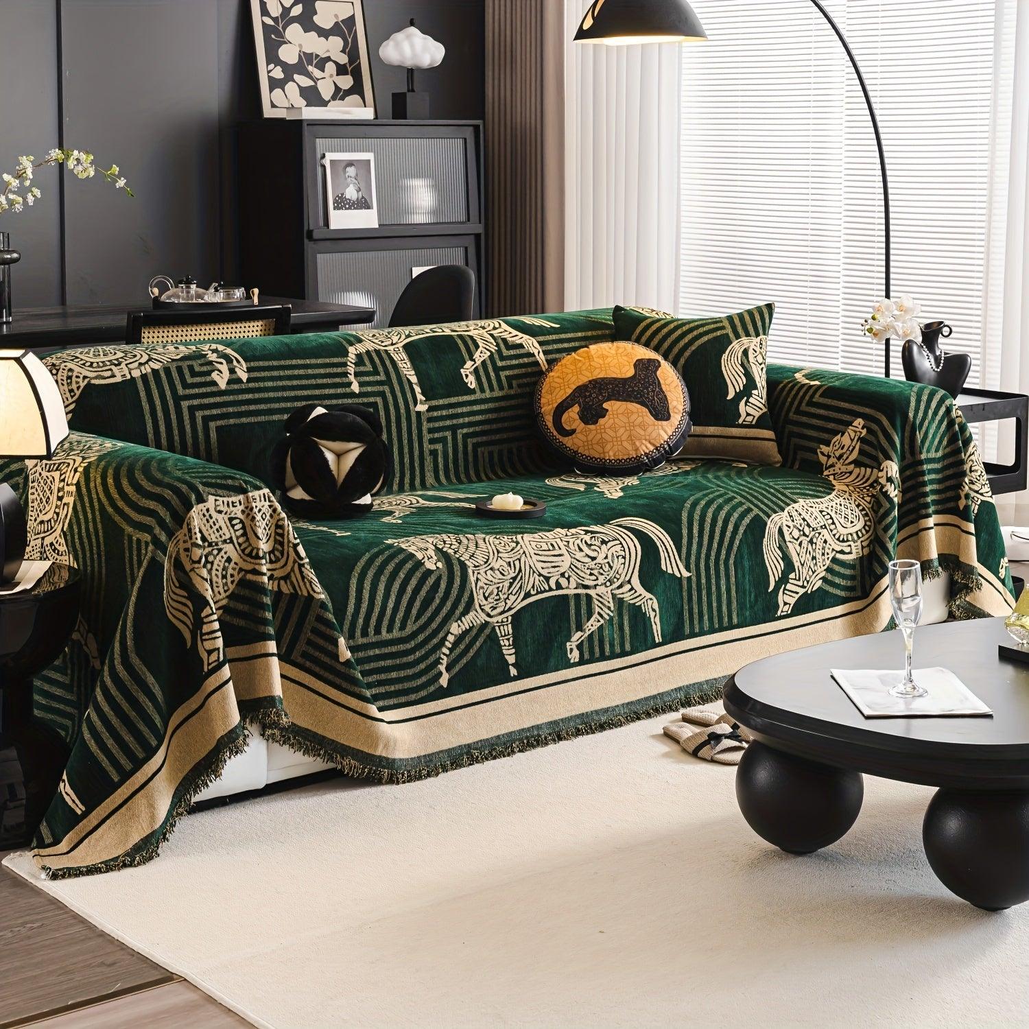 Luxurious Chenille Horse Design Sofa Cover Decor in Orange & Green topspet