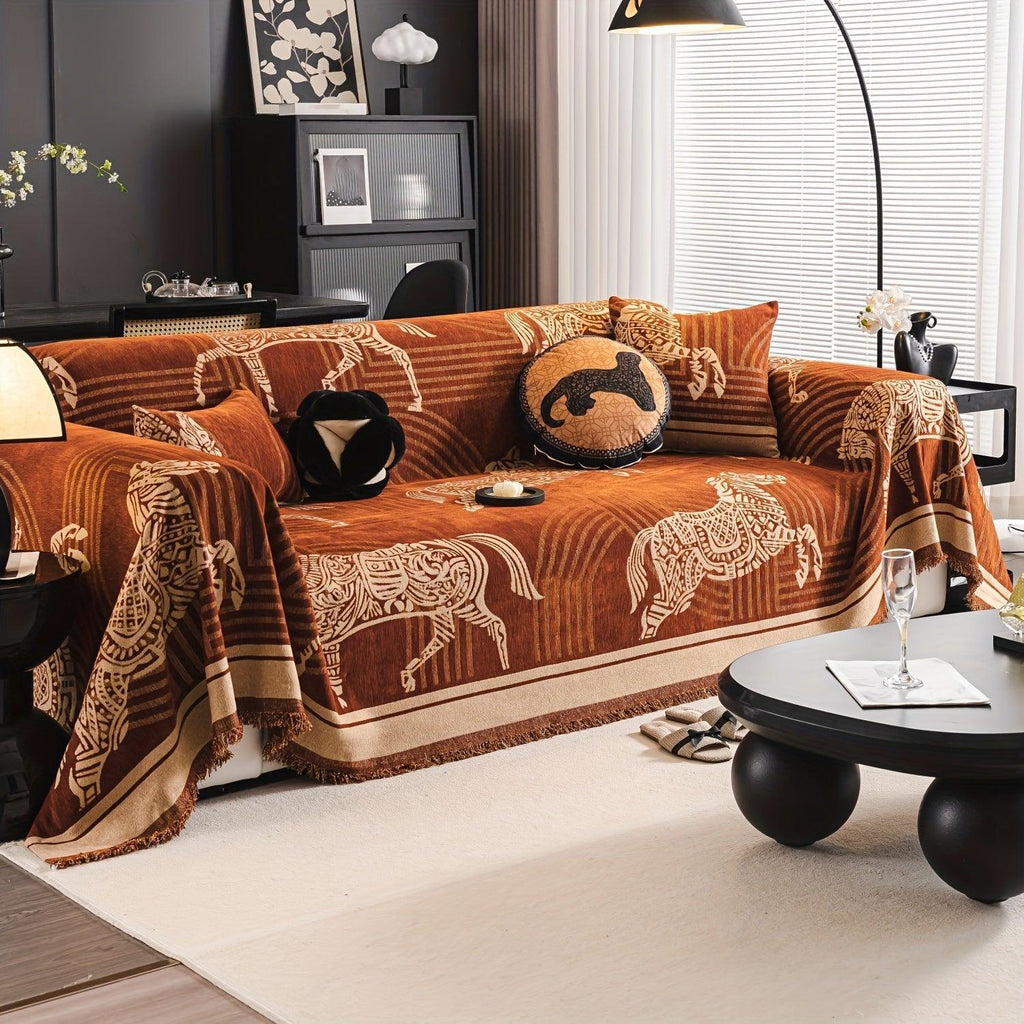 Luxurious Chenille Horse Design Sofa Cover Decor in Orange & Green topspet
