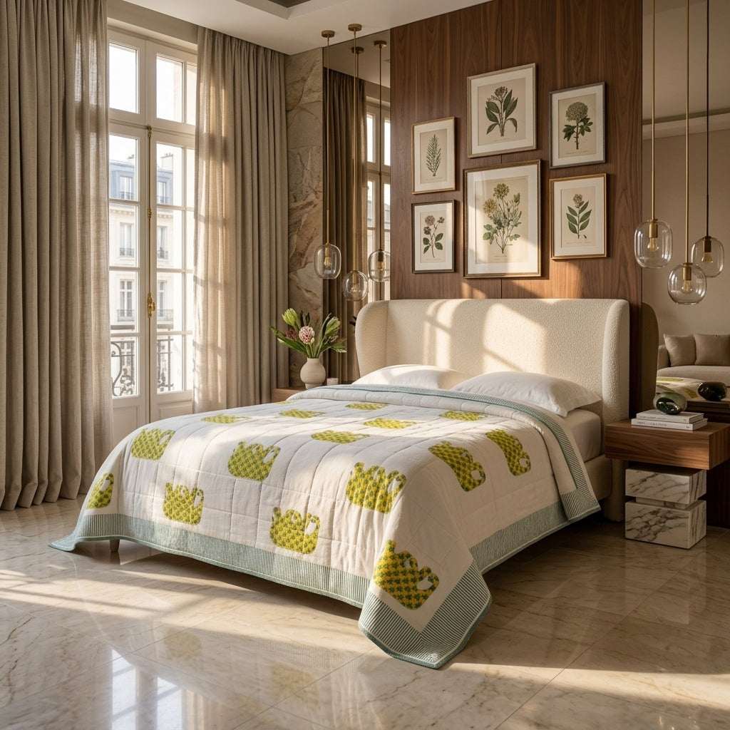 Cream & Olive Green & Mustard Floral Jaipur Indian hand block print botanical quilted comforter | Jaipur Indian hand block print cotton muslin quilted comforter | Sanganer botanical block print bedding | Queen King size quilt India | House of Avana [[SKU:HOA-COM-OGMY-031]]