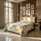Cream & Olive Green & Mustard Floral Jaipur Indian hand block print botanical quilted comforter | Jaipur Indian hand block print cotton muslin quilted comforter | Sanganer botanical block print bedding | Queen King size quilt India | House of Avana
