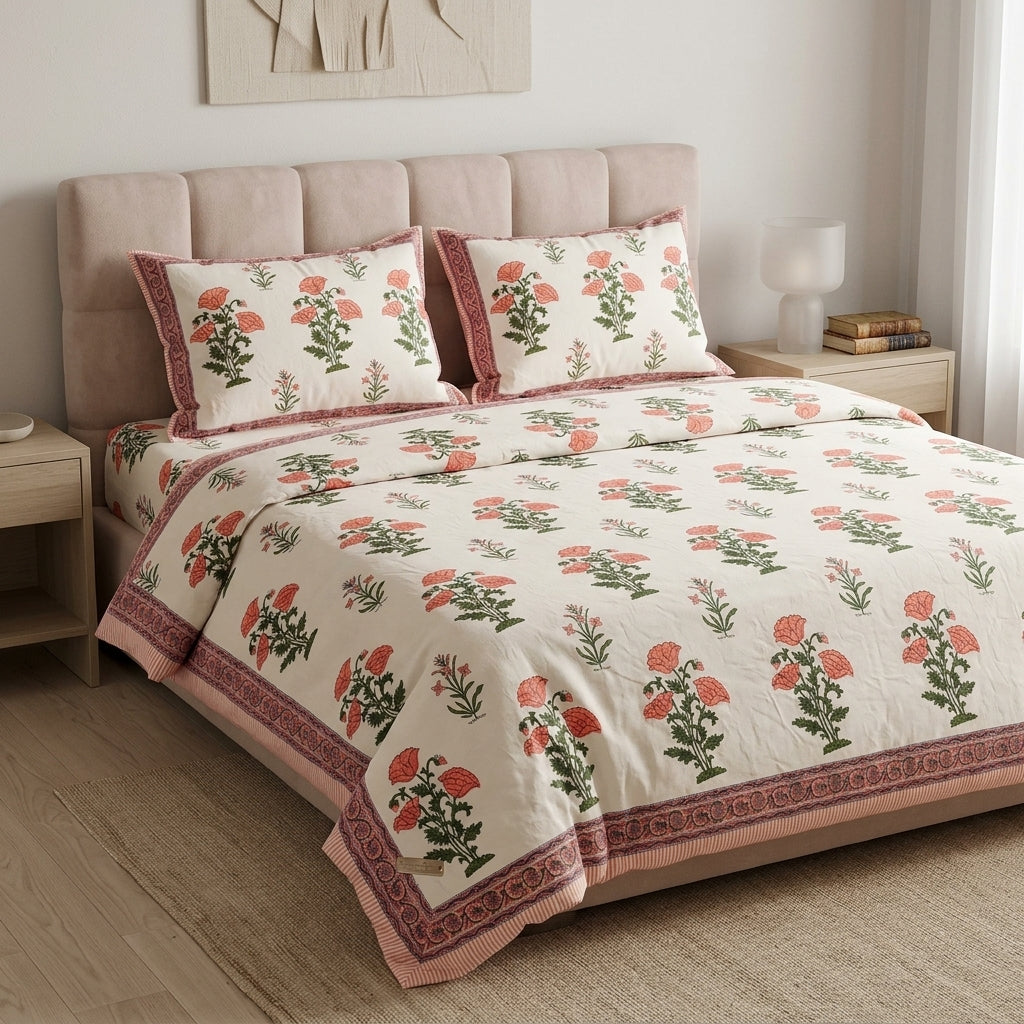White & Coral Green Floral Sanganeri hand block print cotton bedsheet set | Jaipur Indian hand block print bedsheet with pillow shams | House of Avana