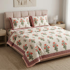 White & Coral Green Floral Sanganeri hand block print cotton bedsheet set | Jaipur Indian hand block print bedsheet with pillow shams | House of Avana