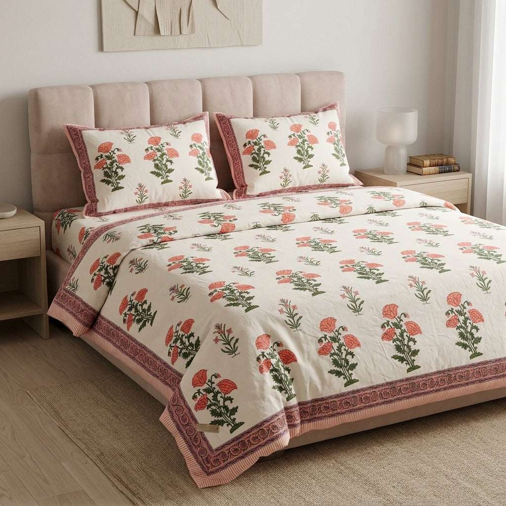 White & Coral Green Floral Sanganeri hand block print cotton bedsheet set | Jaipur Indian hand block print bedsheet with pillow shams | House of Avana [[SKU:HOA-IND-BS-COGN-011]]