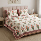 White & Coral Green Floral Sanganeri hand block print cotton bedsheet set | Jaipur Indian hand block print bedsheet with pillow shams | House of Avana [[SKU:HOA-IND-BS-COGN-011]]