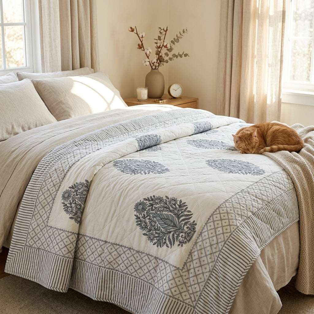 Cream & Charcoal Grey Floral Jaipur Indian hand block print medallion quilted comforter | Jaipur Indian hand block print cotton muslin quilted comforter | Sanganer medallion block print bedding | Queen King size quilt India | House of Avana [[SKU:HOA-COM-CHGY-030]]