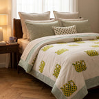 Cream & Olive Green & Mustard Floral Jaipur Indian hand block print botanical quilted comforter | Jaipur Indian hand block print cotton muslin quilted comforter | Sanganer botanical block print bedding | Queen King size quilt India | House of Avana