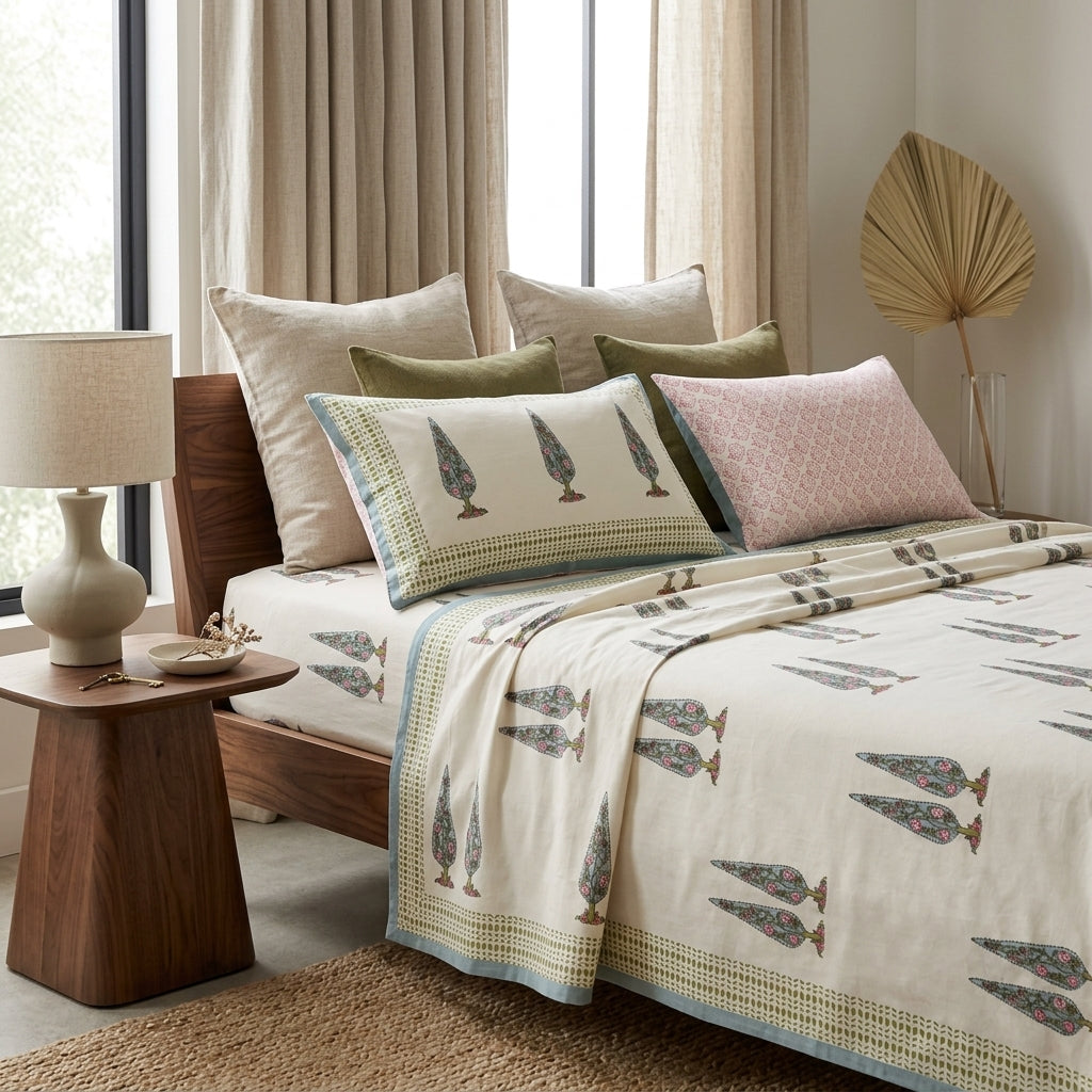 White & Green Cypress Tree Sanganeri hand block print cotton bedsheet set | Jaipur Indian hand block print bedsheet with pillow shams | House of Avana