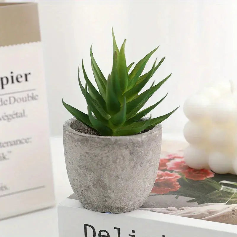 S Mini Artificial Succulent Set - Modern Plastic Faux Plants in Gray Concrete Pots for Home Decor,... - House Of Avana