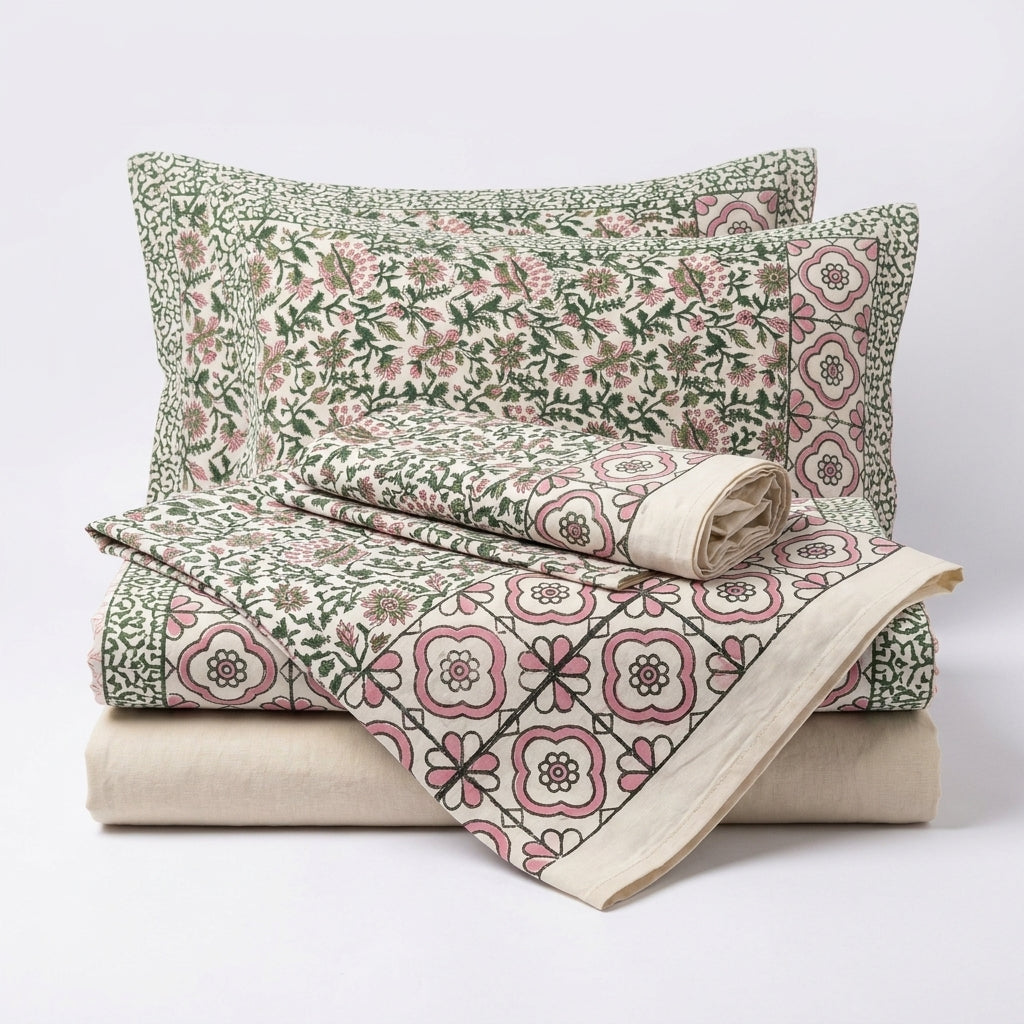 Cream & Sage Green Pink Trellis Floral Sanganeri hand block print cotton bedsheet set | Jaipur Indian hand block print bedsheet with pillow shams | House of Avana