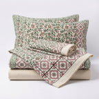 Cream & Sage Green Pink Trellis Floral Sanganeri hand block print cotton bedsheet set | Jaipur Indian hand block print bedsheet with pillow shams | House of Avana
