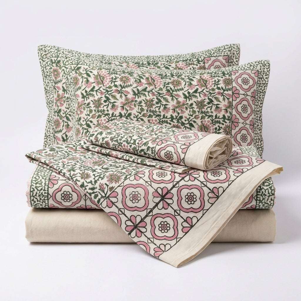 Cream & Sage Green Pink Trellis Floral Sanganeri hand block print cotton bedsheet set | Jaipur Indian hand block print bedsheet with pillow shams | House of Avana [[SKU:HOA-IND-BS-GNPK-007]]
