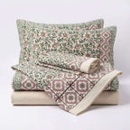 Cream & Sage Green Pink Trellis Floral Sanganeri hand block print cotton bedsheet set | Jaipur Indian hand block print bedsheet with pillow shams | House of Avana [[SKU:HOA-IND-BS-GNPK-007]]